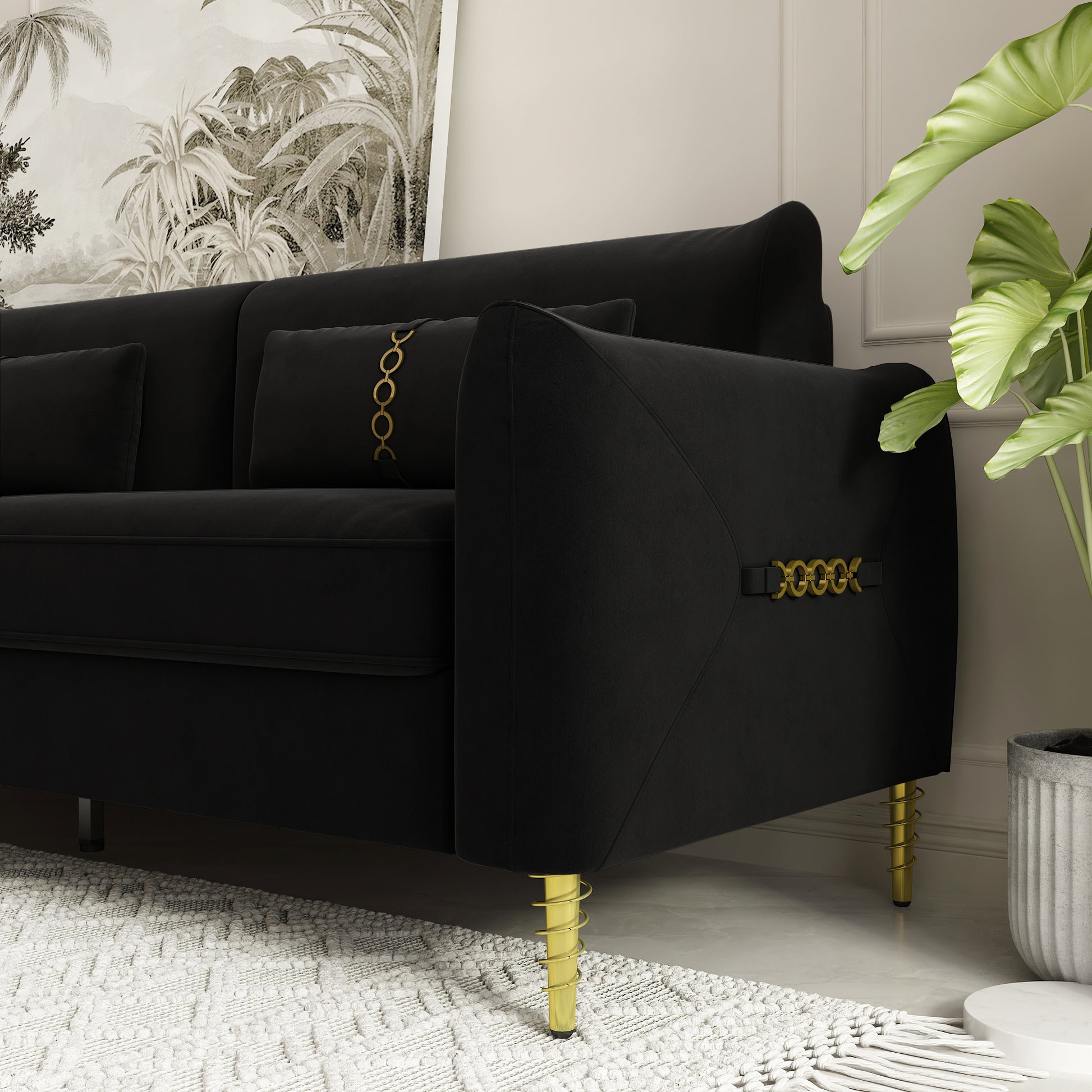 Fx P19 Bk Sofa 85.83Inch Velvet Sofa Couch Luxury Modern Upholstered Sofa With 2 Pillows Black Color Black Velvet 2 Seat