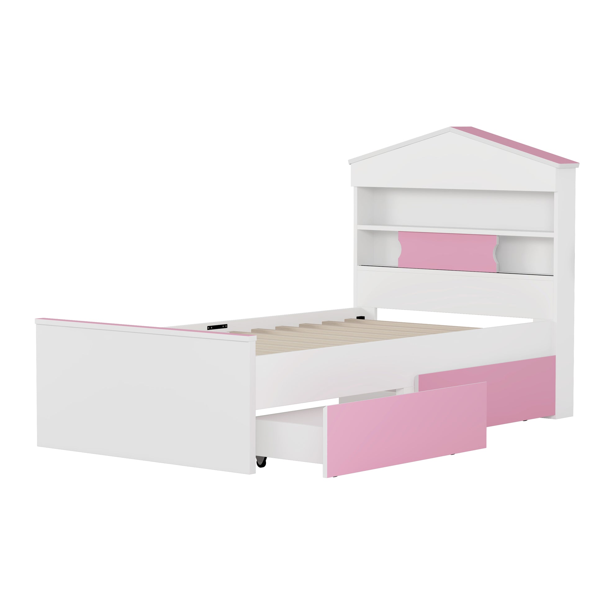 Twin Size House Shaped Wooden Bed With Storage Shelf On The Headboard, Built In Two Storage Drawers, Pink Pink White Wood