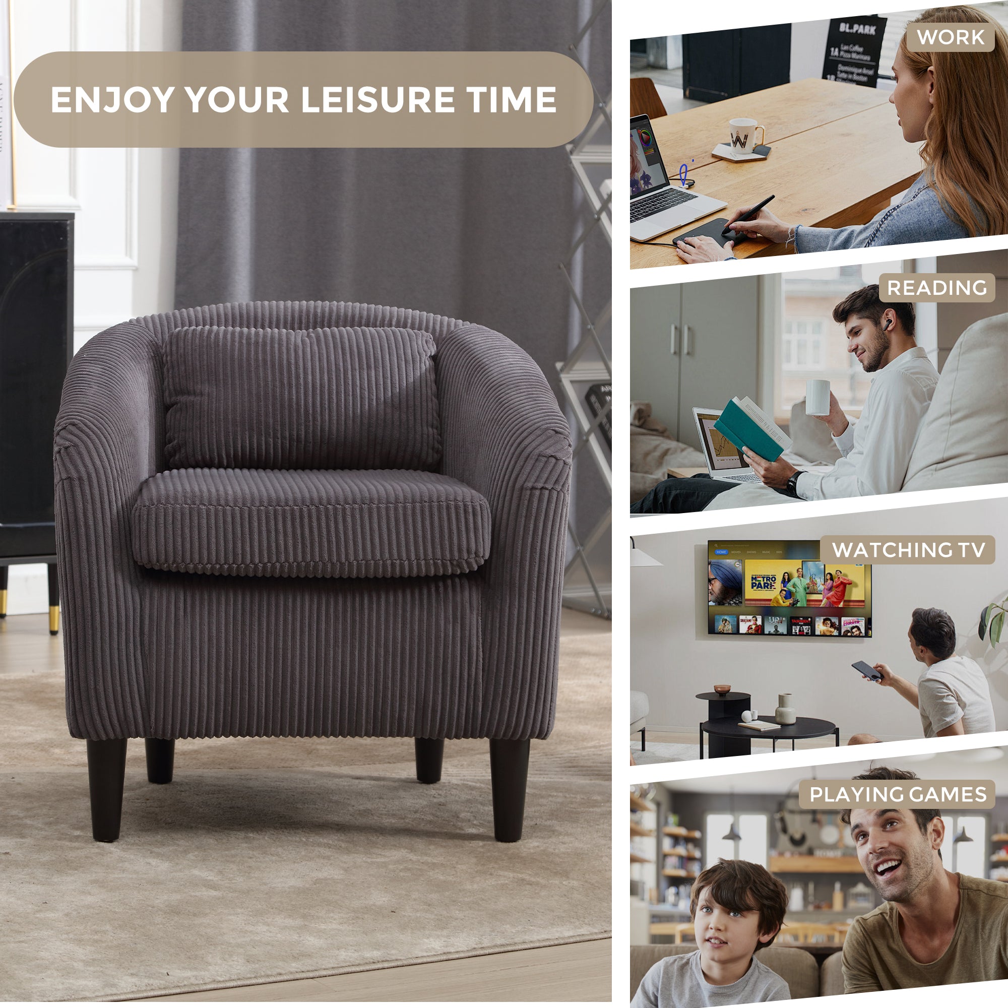 Coolmore Living Room Accent Barrel Chair, Century Modern Style Decorative Chair, Armchair For Living Room With Thick Cushions And Pillows, Comfy Single Sofa Chair, Chair With Wooden Legs,Dark Grey Dark Gray Corduroy