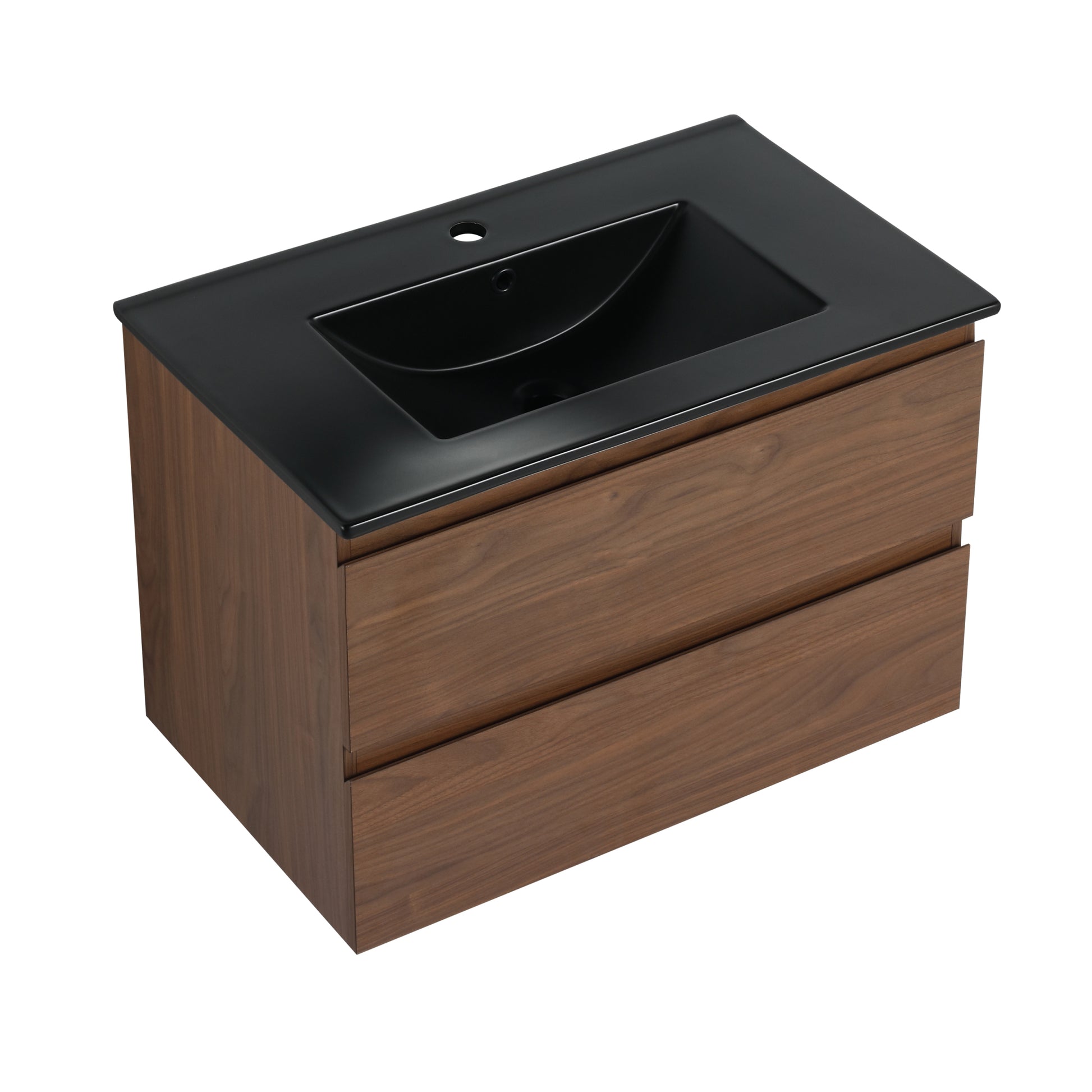 30" Wall Mounted Bathroom Vanity With Black Ceramic Sink, 2 Soft Close Drawers, Kd Package 2 Brown Oak Bathroom Wall Mounted Modern Plywood