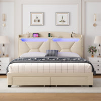 Storage Headboard ,Queen Size With Rf Led Lights Box Spring Not Required Queen Beige Wood Brown Bedroom American Design Poplar Bed Frame Metal & Wood Polyester Fabric