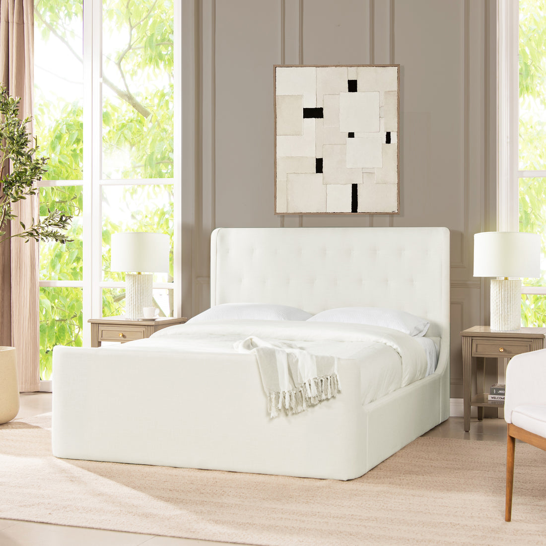 Brooks Contemporary Tufted Shelter Platform Bed, Queen, Antique White Polyester Box Spring Not Required Queen Antique White Wood Foam Polyester Polyester