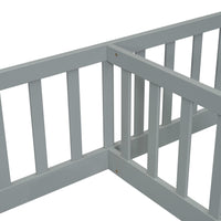 Double Twin Floor Bed With Fence, Guardrails, Without Door, Grey Twin Grey American Design Pine