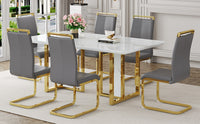 Table And Chair Set.67"X36" White Marble Pattern Mdf Dining Table Set With 6 Dark Gray Pu Chairs.Mdf Sticker,White Marble Pattern Sticker,Gold C Tube Chair Legs,Suitable For Kitchen,Dining Room,Etc.