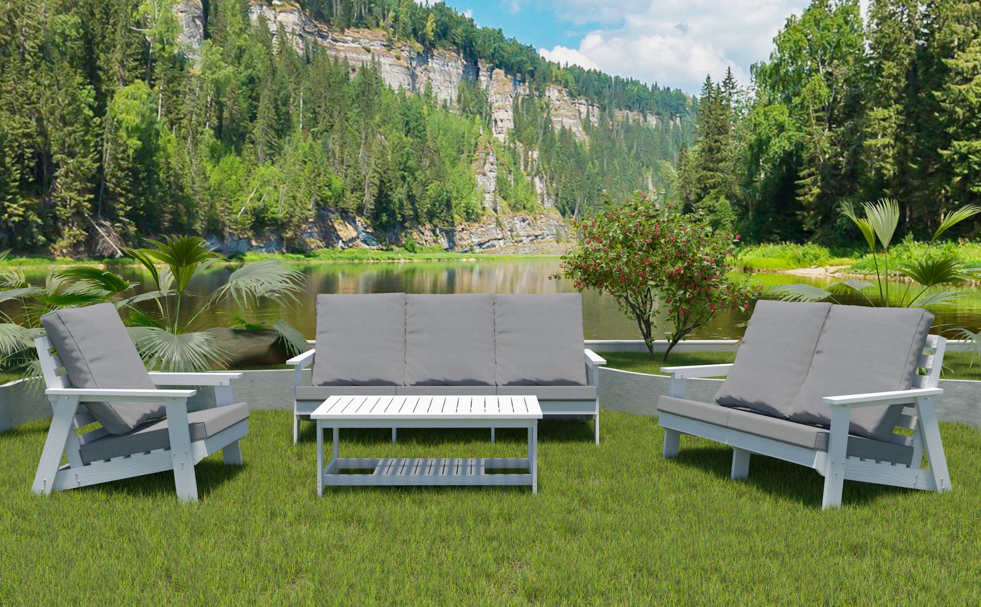 Hips 3 Seater Sofa With Cushion, Wood Grain Outdoor Garden Sofa,White Grey White Hdpe