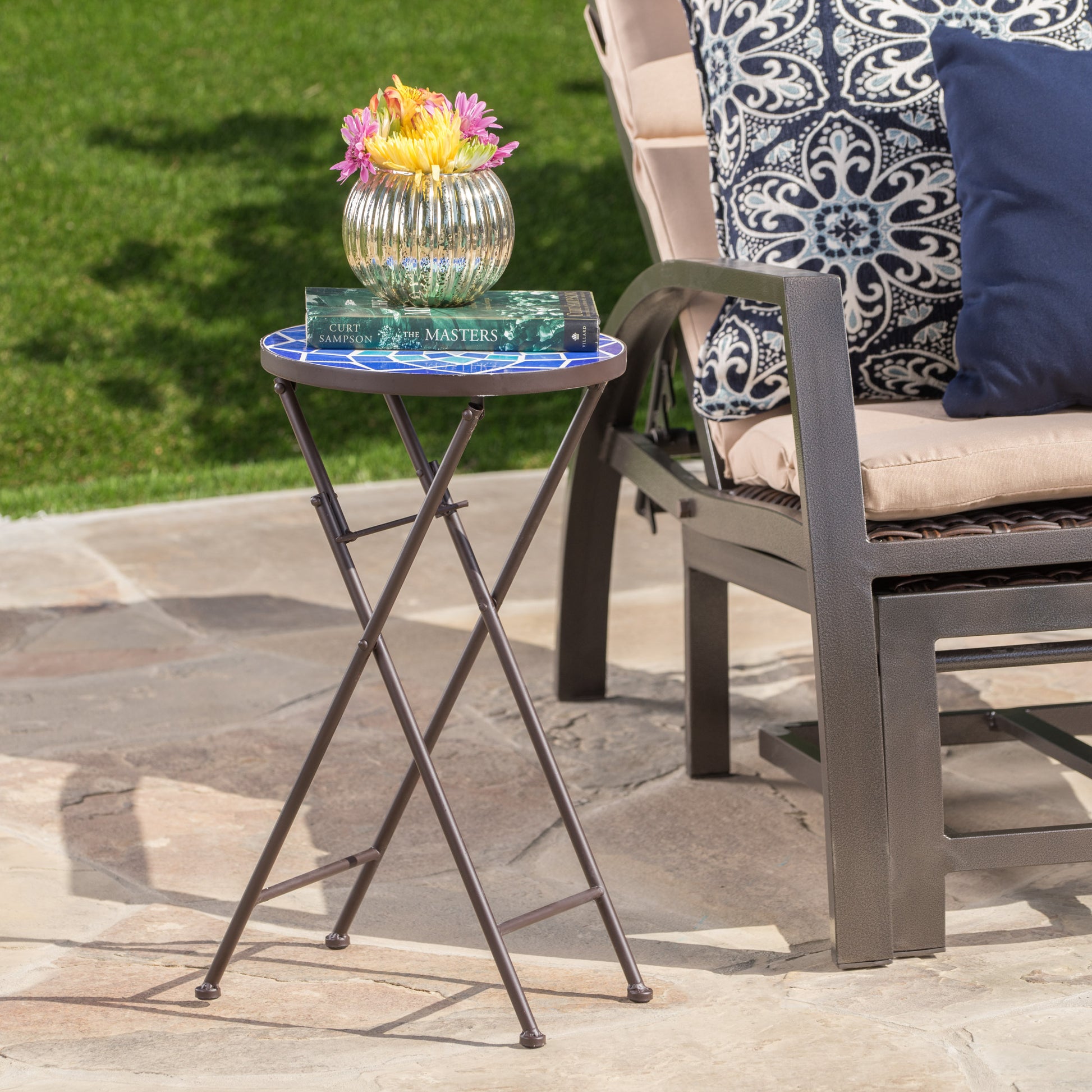 Azure End Table White Blue Ceramic Tile Iron