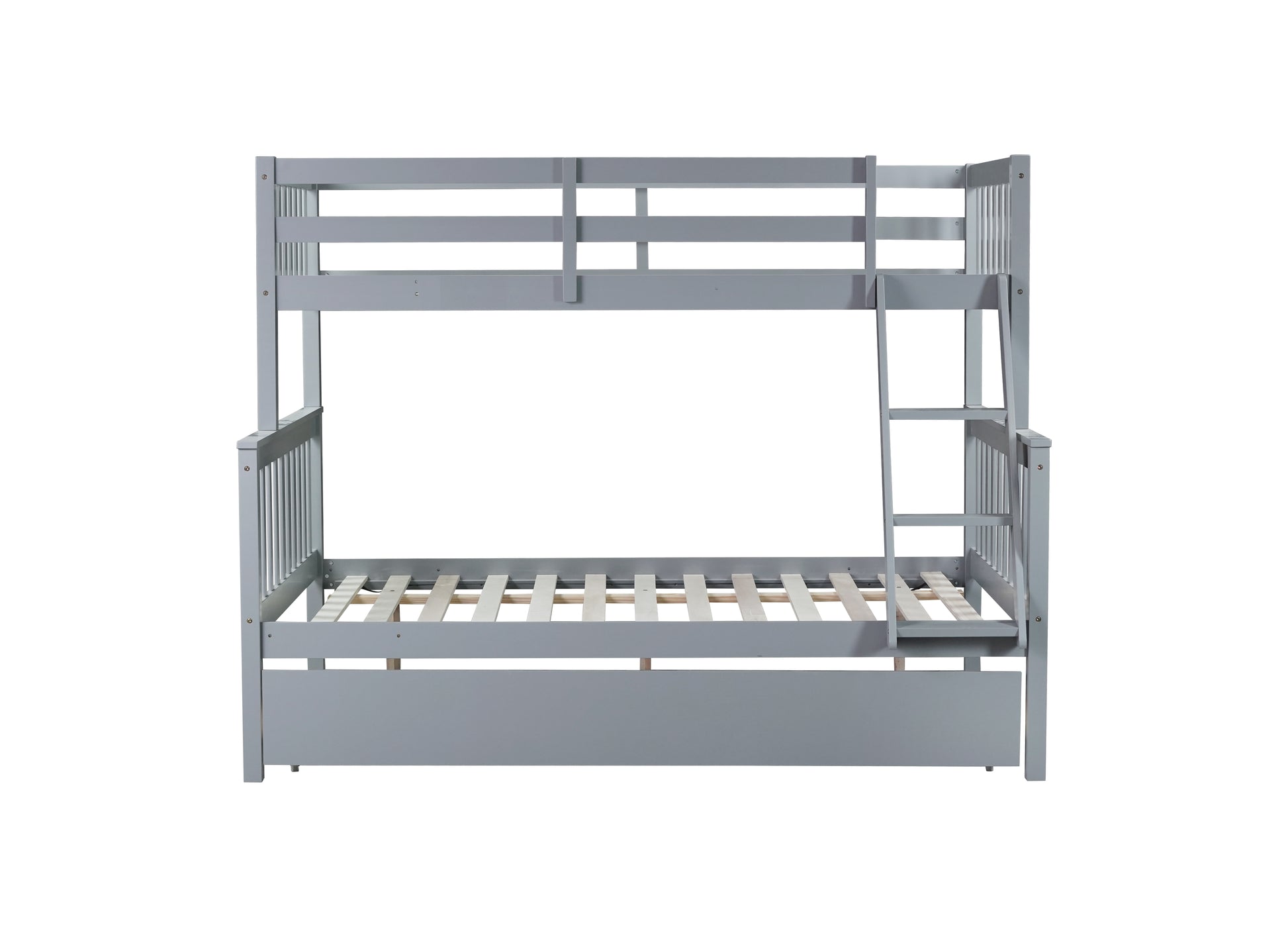 Twin Over Full Rubber Wood Bunk Bed With Trundle, Convertible Ladder And Guardrail, Detachable, Convertible Bed, With Twin Size Trundle ,Grey Twin Grey Rubber Wood