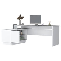 Emery L Shaped 70" Wide Desk With One Cabinet And Two Open Shelves White Computer Desk Office Modern Freestanding Rectangular Shelves Desk Rectangular Particle Board