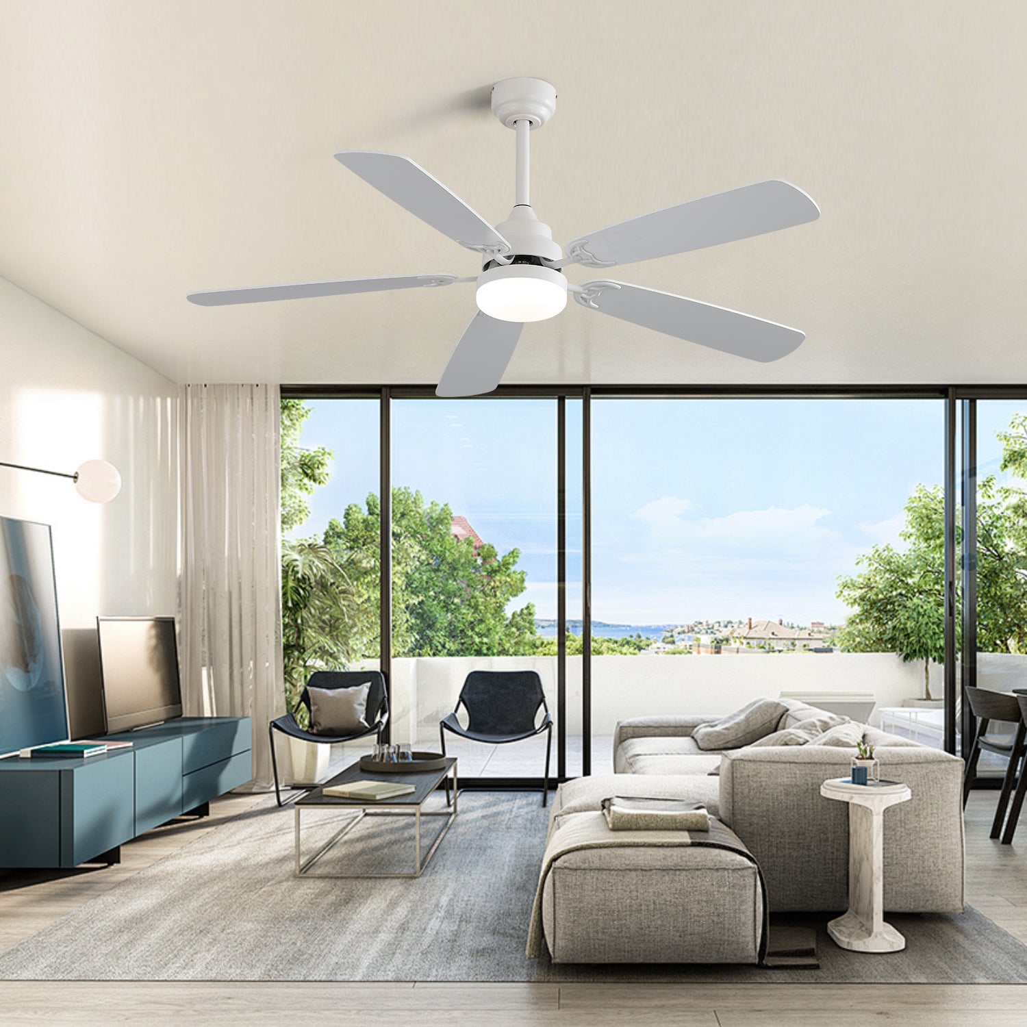 Indoor Modern 52 Inch Ceiling Fan With Dimmable 6 Speed Wind 5 Blades Remote Control Reversible Dc Motor With Led Light White Mdf