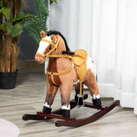 Qaba Kids Metal Plush Ride On Rocking Horse Chair Toy With Realistic Sounds Dark Brown White Dark Brown Plush