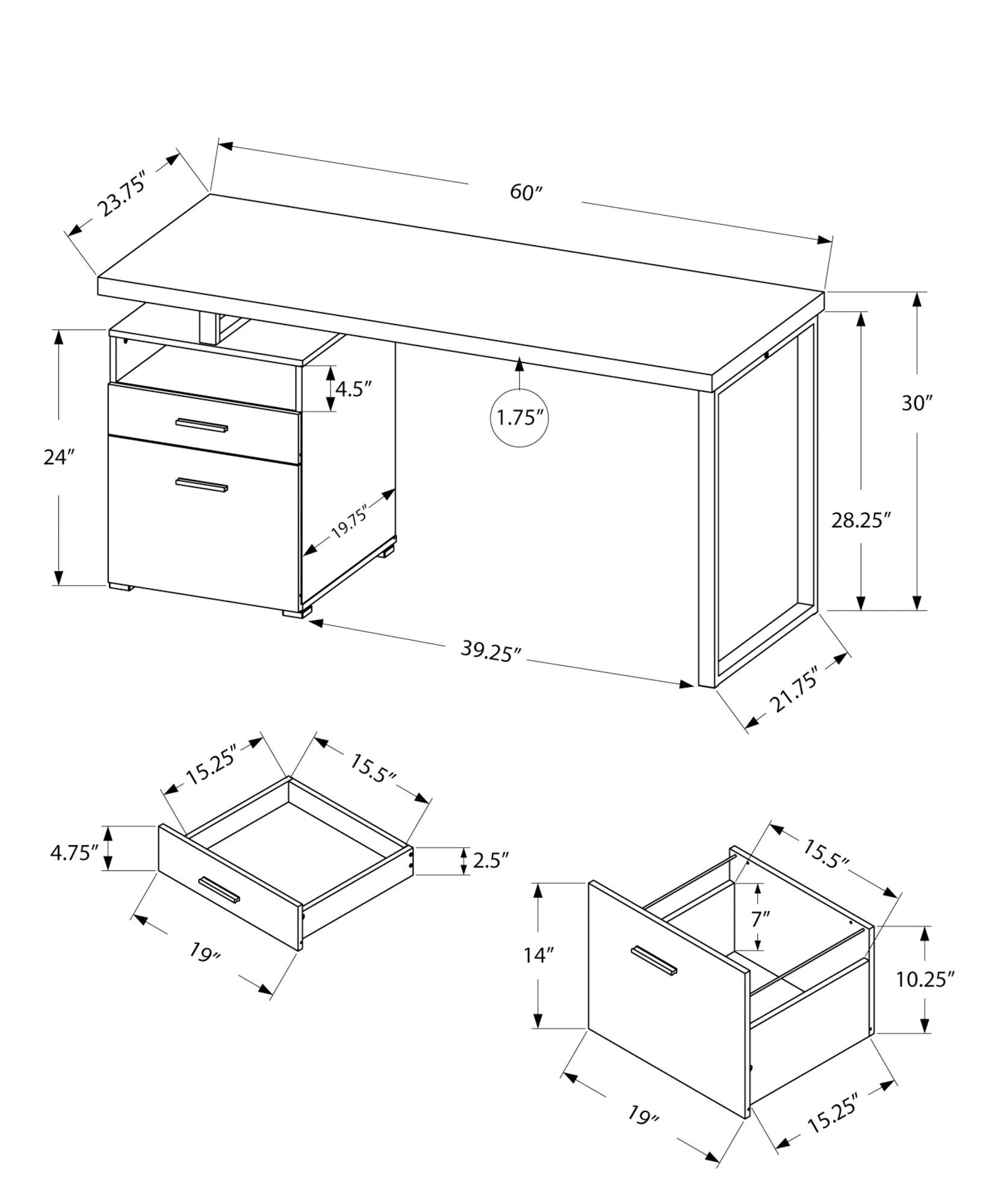 Computer Desk, Home Office, Laptop, Left, Right Set Up, Storage Drawers, 60"L, Work, White Laminate, Grey Metal, Contemporary, Modern White Particle Board