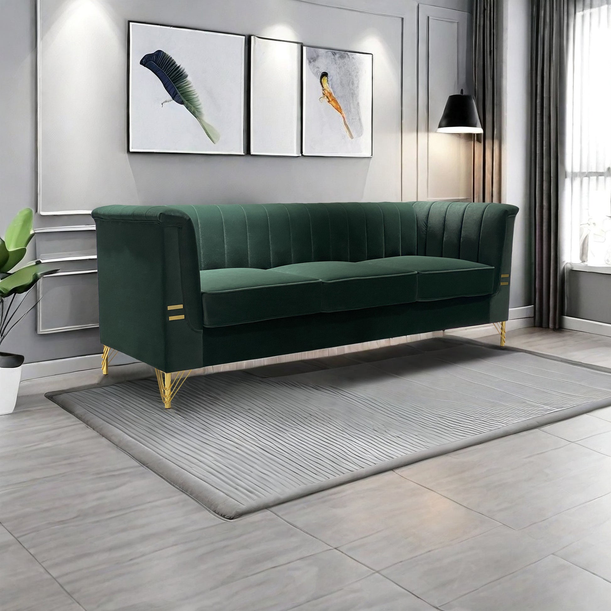 Fx P82 Gr Sofa 82.67'' W Velvet Sofa, Mid Century Sofa Furniture Chesterfield Couch For Living Room Sofa, Green Green Velvet 3 Seat