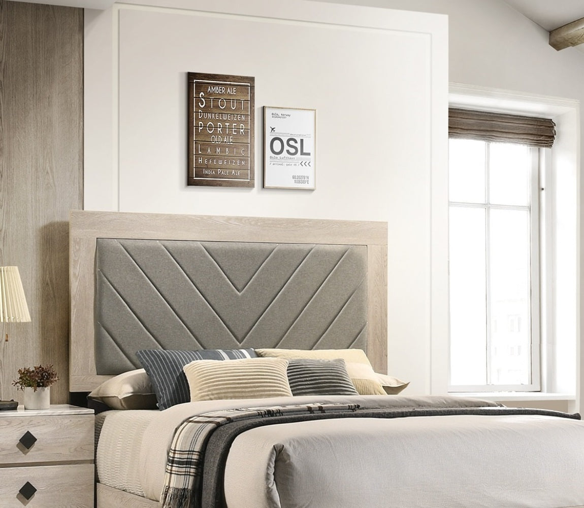 Contemporary 1Pc Cream Finish Eastern King Size Bed Bedroom Furniture Gray V Design Headboard Rubberwood 1Pc Bedframe Box Spring Required King Cream Grey Wood Bedroom