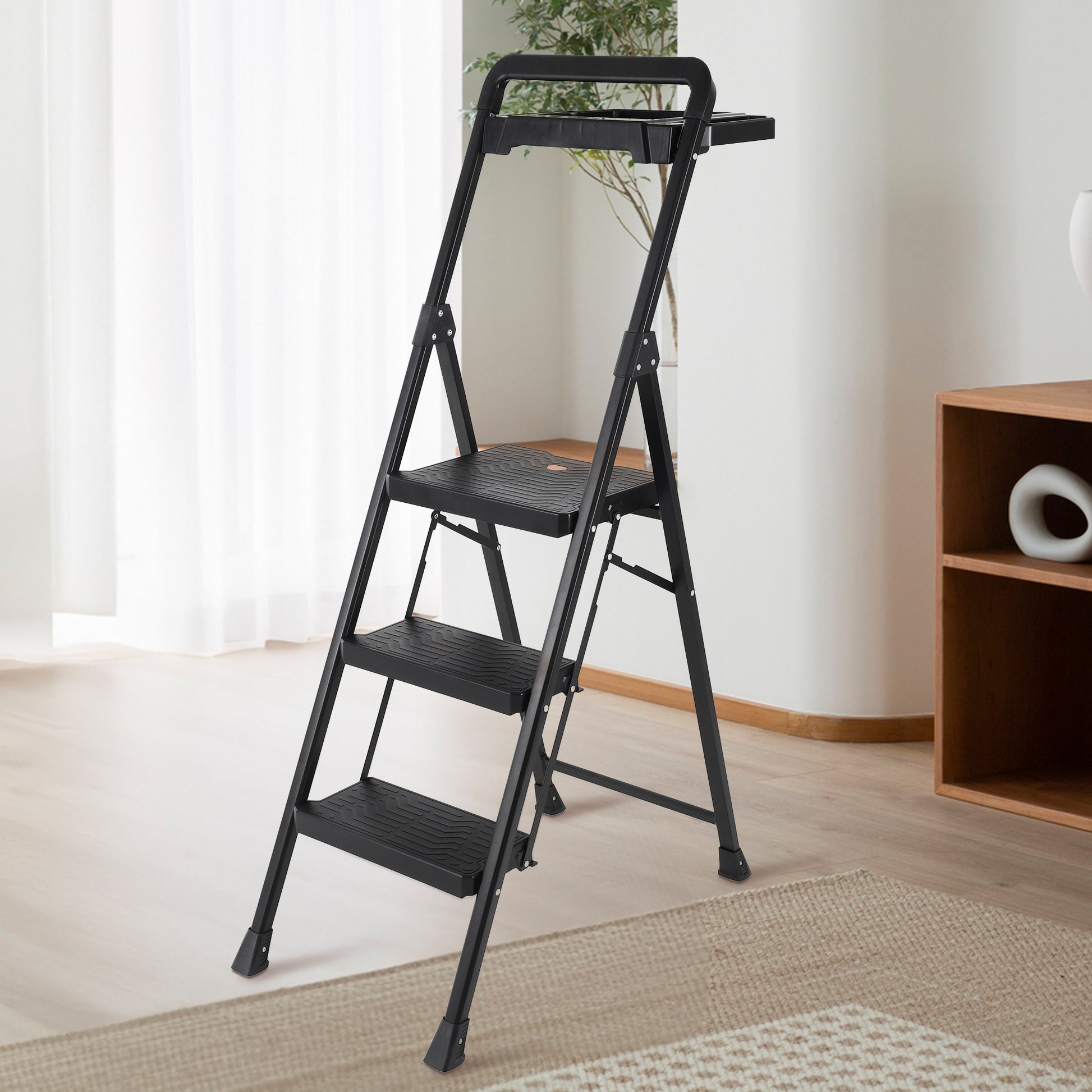 3 Step Ladder Folding Step Stool Ladders For Home Lightweight 300Lbs Capacity Step Ladder Suitable For Home And Office Amber Graphite,Black Metal