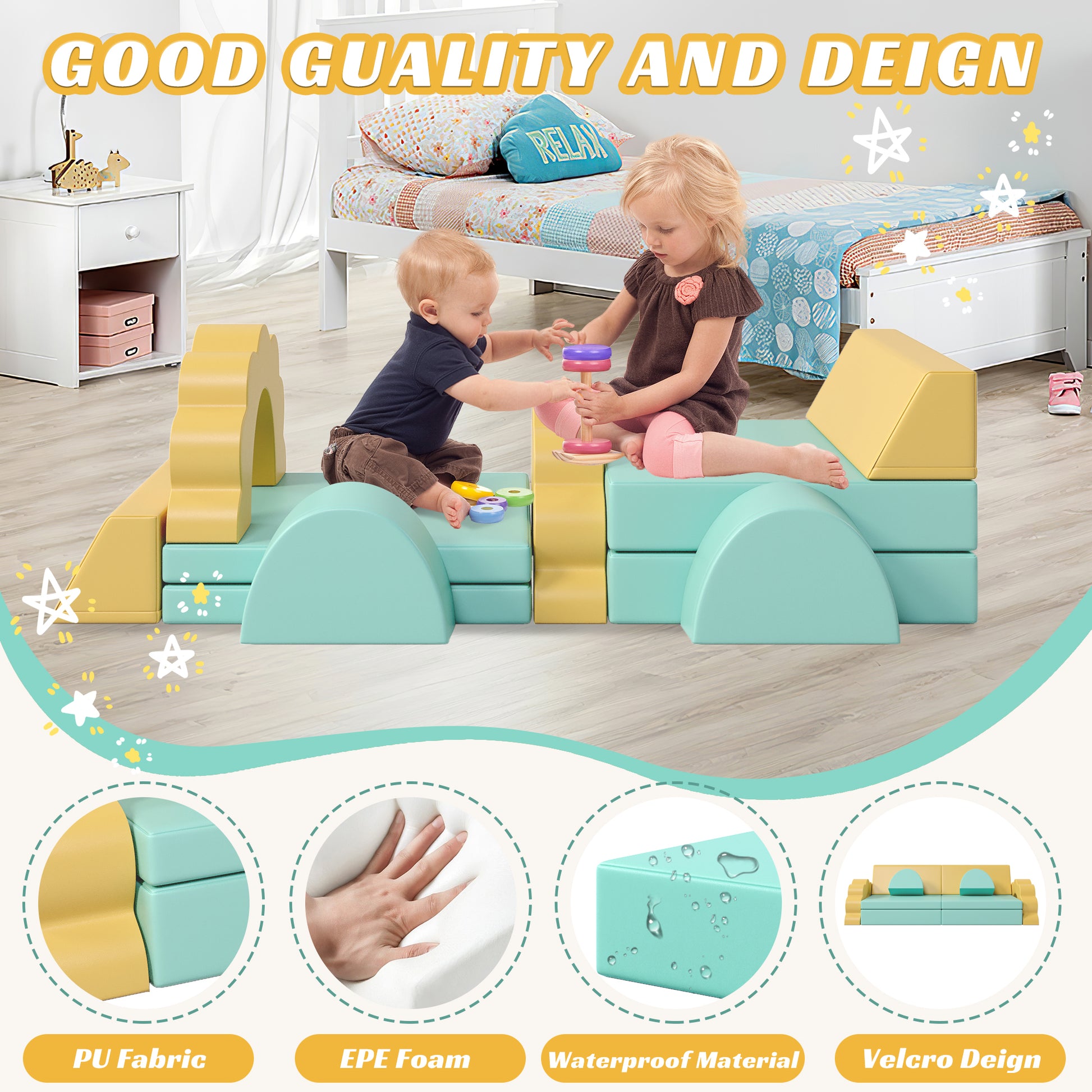 10Pcs Kids Couch For Playroom, Baby Climbing And Crawl Foam Play Set, Foam Climbing Blocks Convertible Sofa ,Kids Play Couch, Indoor Climbing Structure For Toddlers, Infant, Kids, Pre School Mint Green Foam
