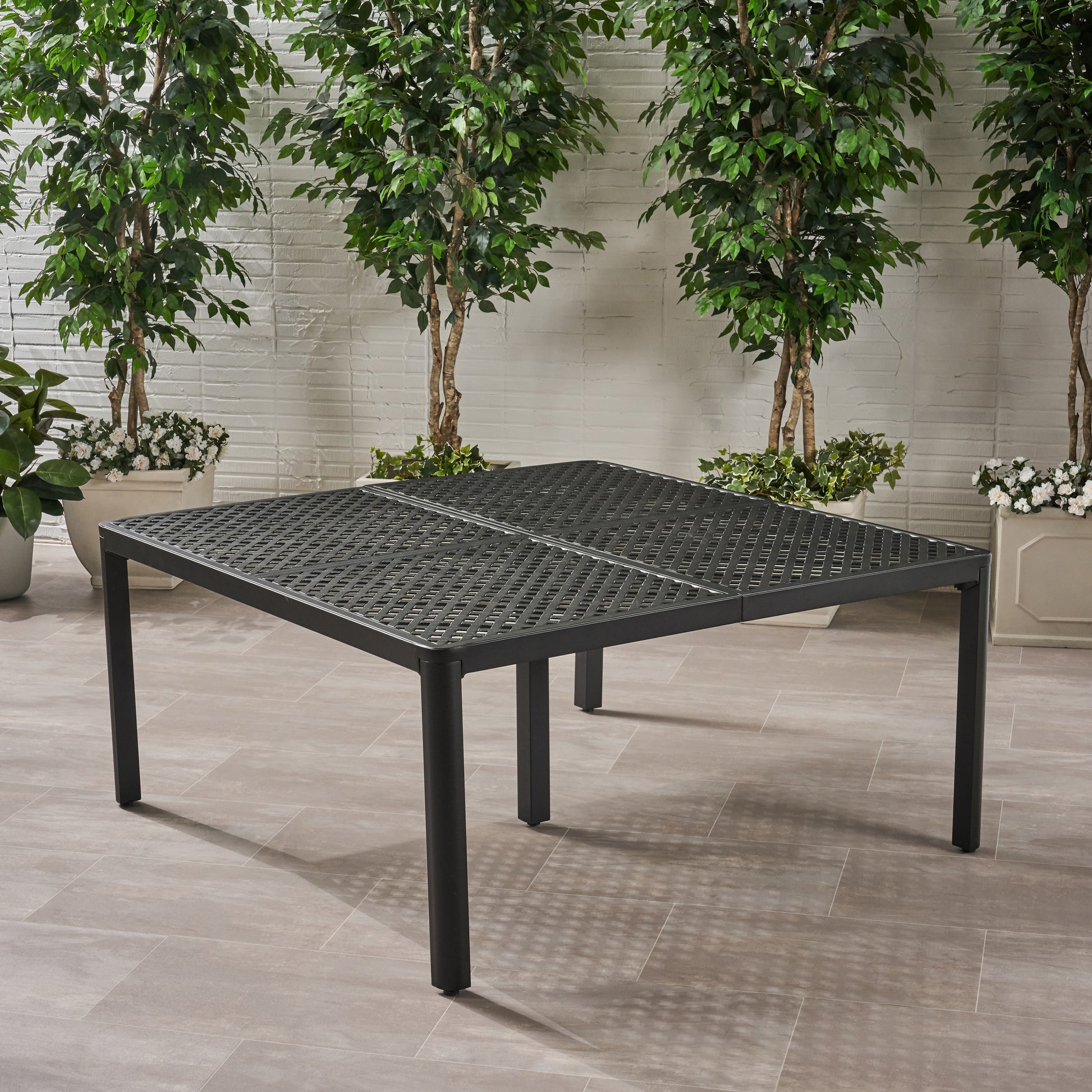 Outdoor Modern Aluminum Dining Table With Woven Accents, Antique Matte Black Black Aluminium