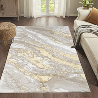 "Adina" Luxury Area Rug In Beige And Gold Abstract Design Multicolor Polyester