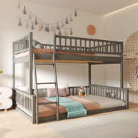 Full Xl Over Queen Bunk Bed With Ladder And Guardrails, Gray Box Spring Not Required Queen Gray Wood Bunk Solid Wood Mdf