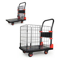 Foldable Platform Push Hand Truck Cart, Basket Cage Cart, 330 Lbs. Weight Capacity Black Red Metal