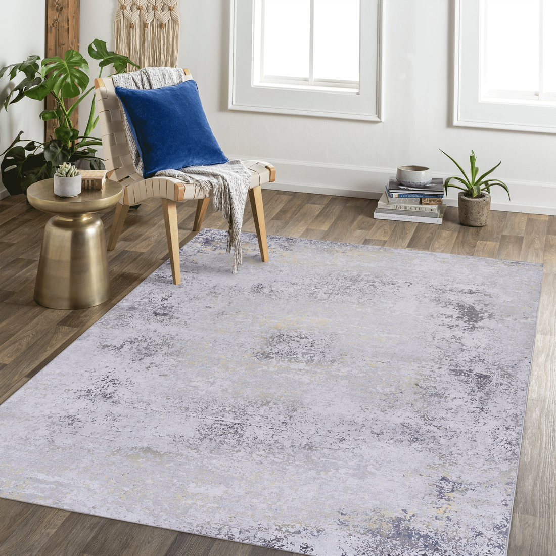 6X9 Area Rugs, Washable Rug, Low Pile, Non Slip, Non Shedding, Foldable, Kid & Pet Friendly Area Rugs For Living Room, Bedroom, Kitchen, Dining Room Rug Perfect Gifts, Gray Gold, 6' X 9' Gray Chenille Polyester