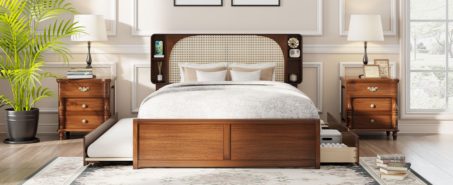 Queen Size Rattan Headboard Bed With Two Drawers And Trundle, Walnut Queen Walnut Solid Wood Mdf