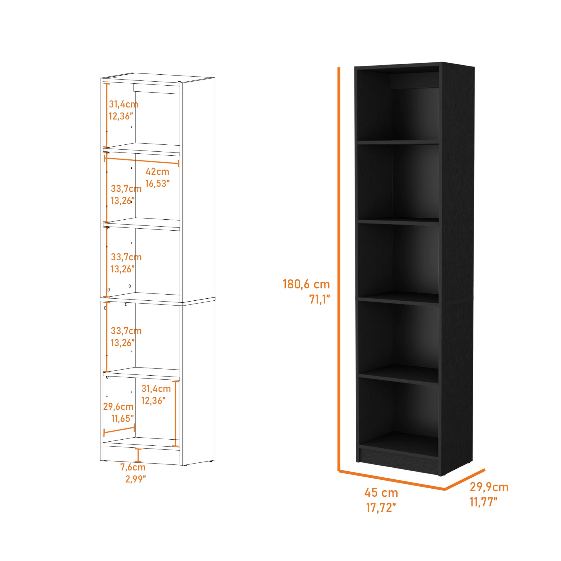 Sutton Slim Bookcase With Modern 5 Shelf Design -