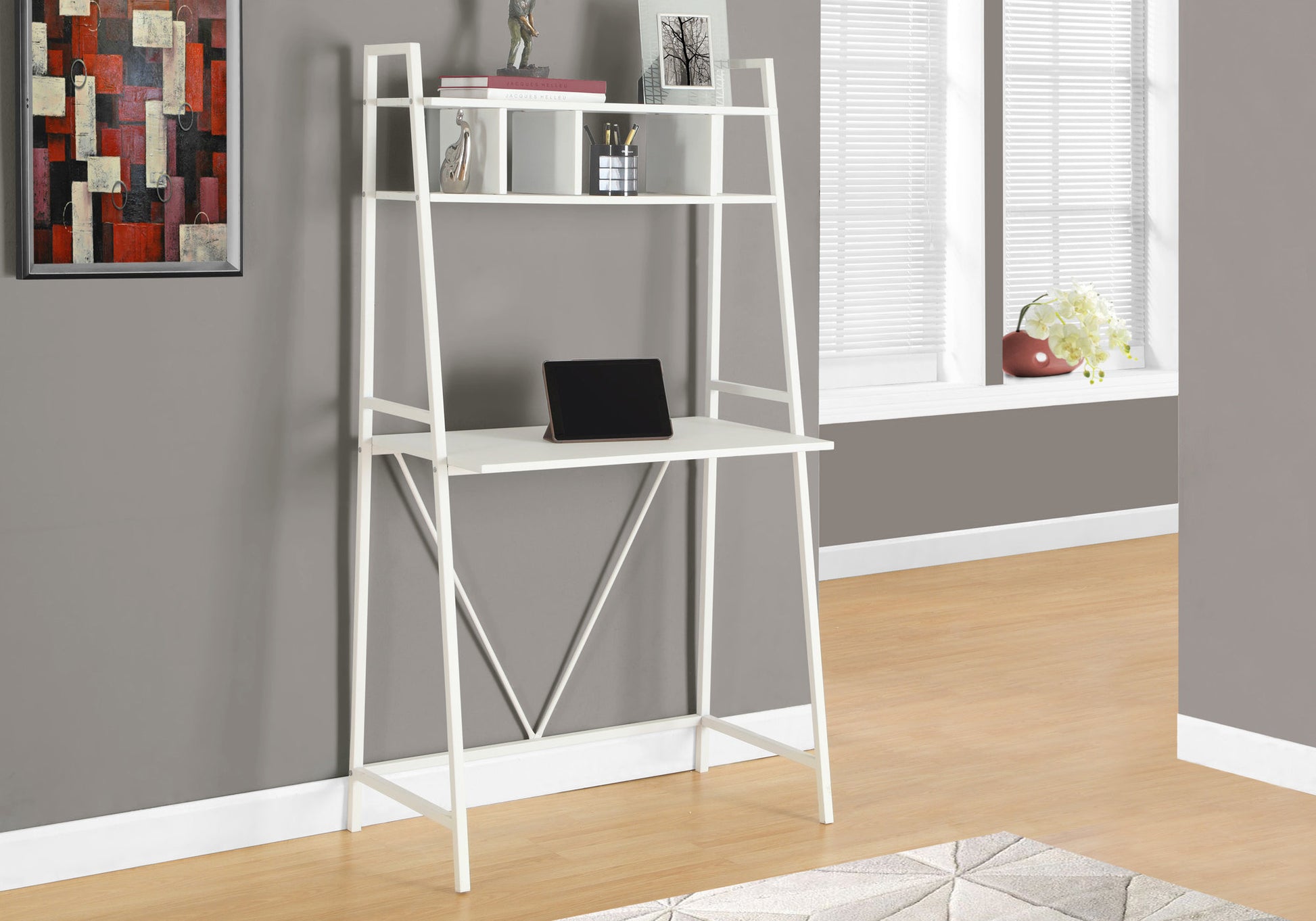 Computer Desk, Home Office, Laptop, Leaning, Storage Shelves, Work, White Laminate, White Laminate, Contemporary, Modern White Mdf