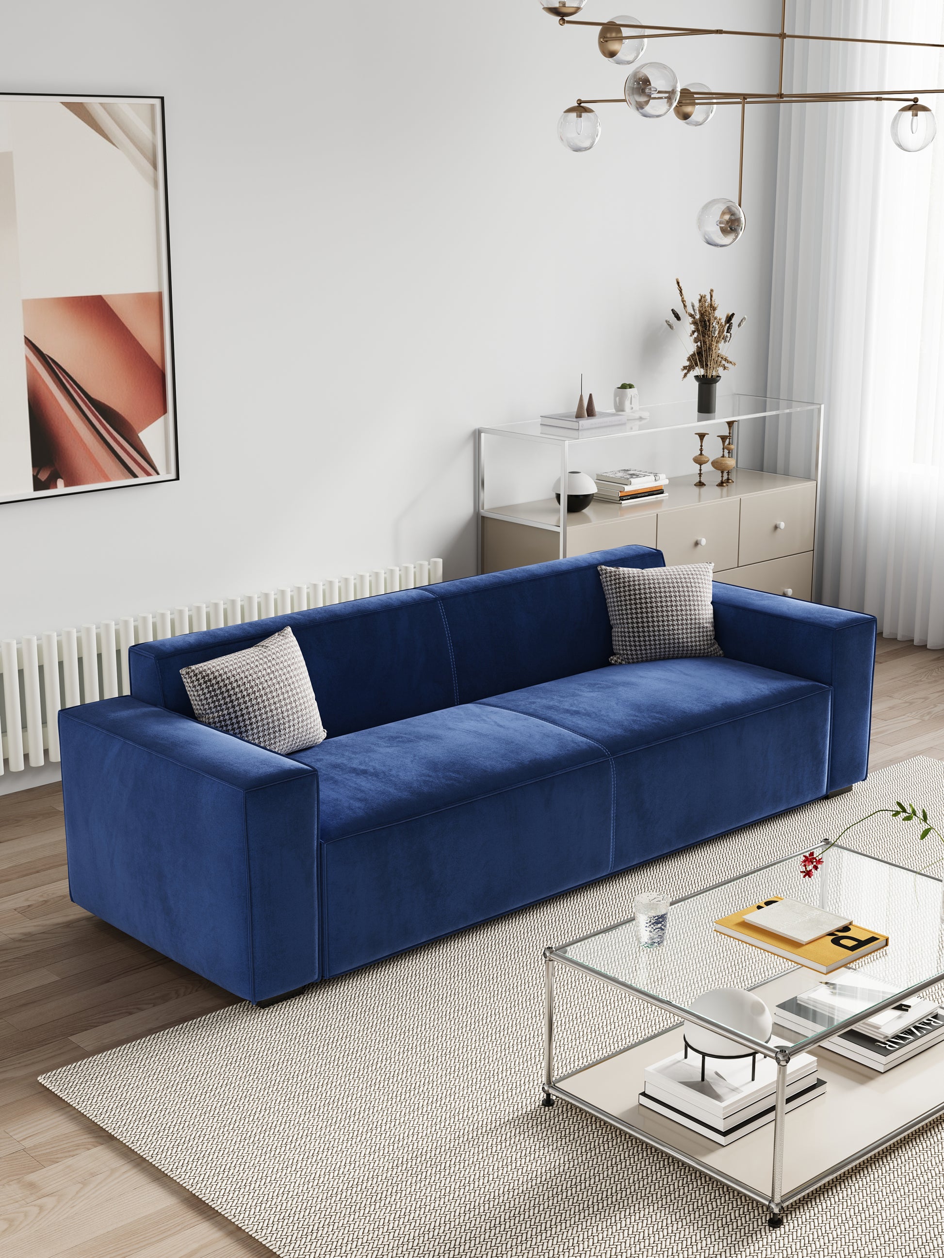 88.6" Modern Sofas Couches For Living Room,3 Seater Loveseat,Cloud Sofas & Couches With Square Armrest,Deep Seat Comfy Couch For Bedroom Navy Blue Chenille