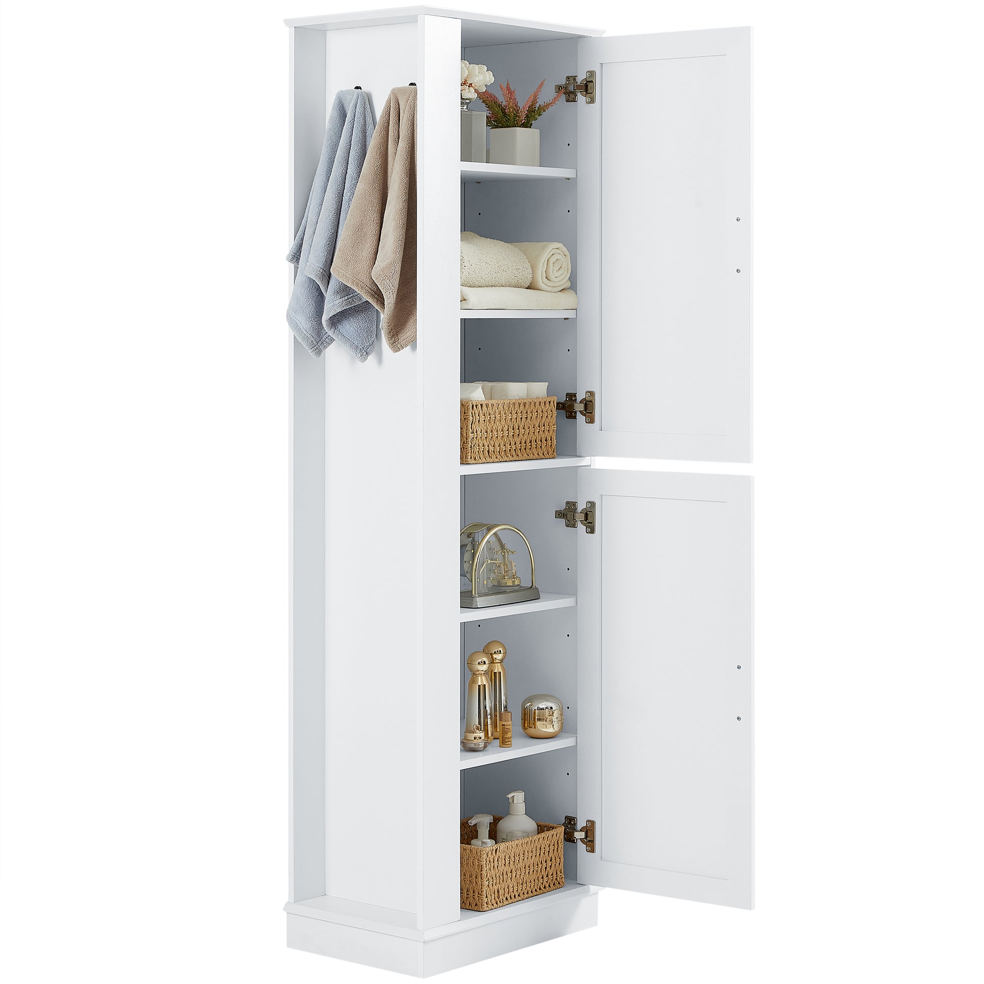 Tall Bathroom Storage Cabinet, Freestanding Storage Cabinet With Hook And Adjustable Shelf, Mdf Board, White White 2 Mdf