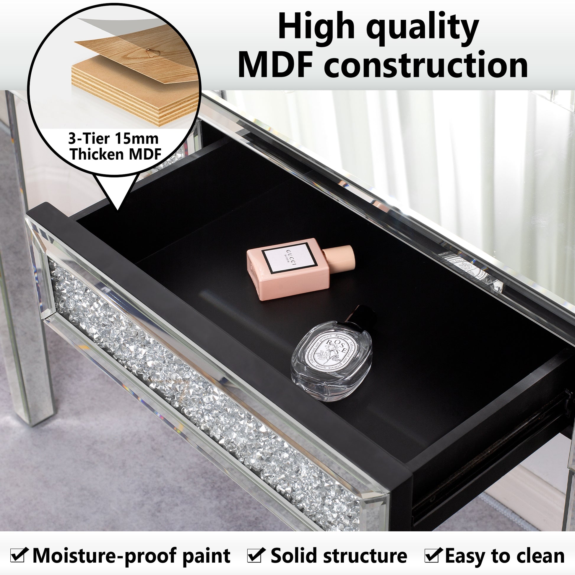 Mirrored Vanity Table Diamond Inlay 2 Drawer Silver Drawer 2 Drawers Bedroom Luxury,Modern Mirrored Finish Mirrored Mdf Glass,Mirror