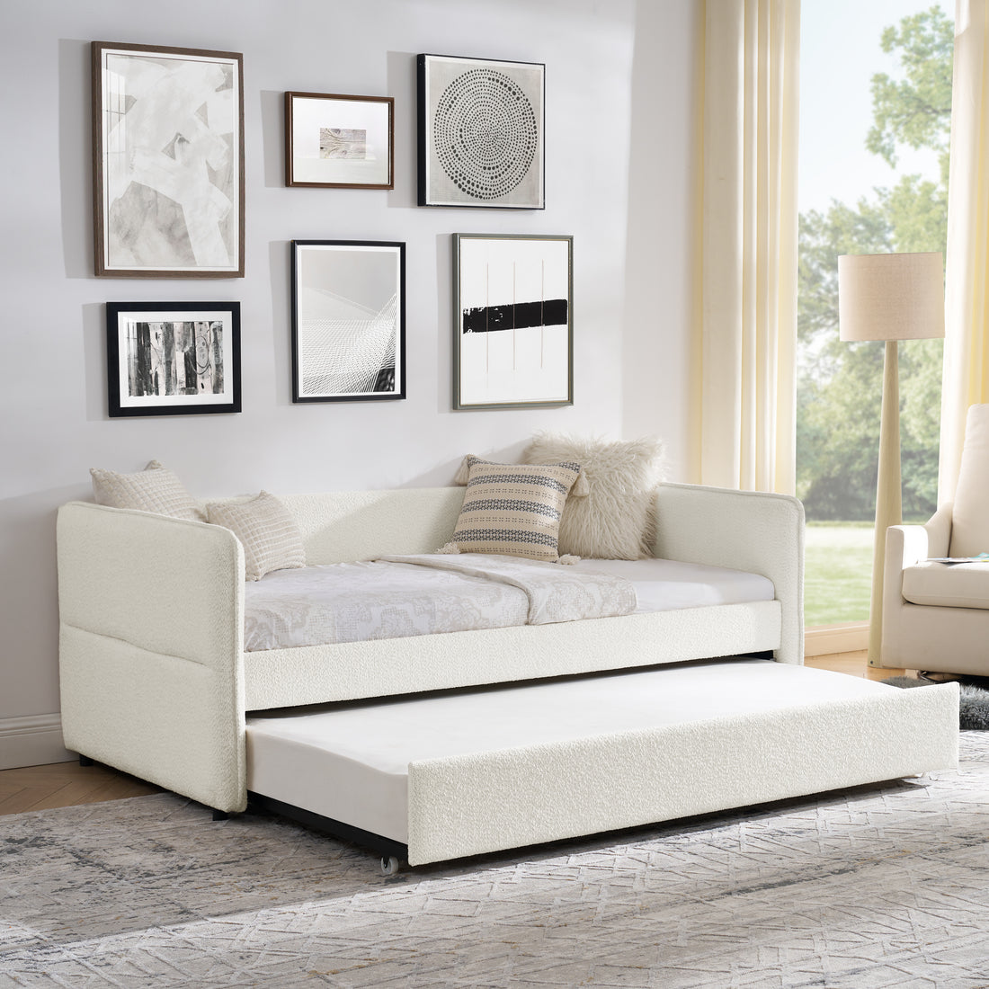 Daybed With Trundle Upholstered Tufted Sofa Bed, Twin Size, Boucle Fabric, Beige 83"X43"X29.5" Beige Boucle