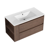 36" Wall Mounting Bathroom Vanity With Ceramic Sink, Soft Close Drawer 2 Brown Oak 1 Bathroom Wall Mounted Modern Plywood