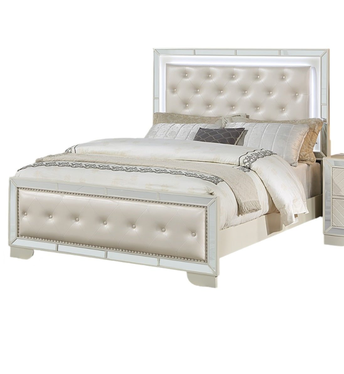 Cream Ivory Tufted Faux Leather Queen Size Bed W Led Lights Beautiful 1Pc Panel Bedframe Mirror Trim Box Spring Required Queen Cream,Ivory Wood Bedroom American