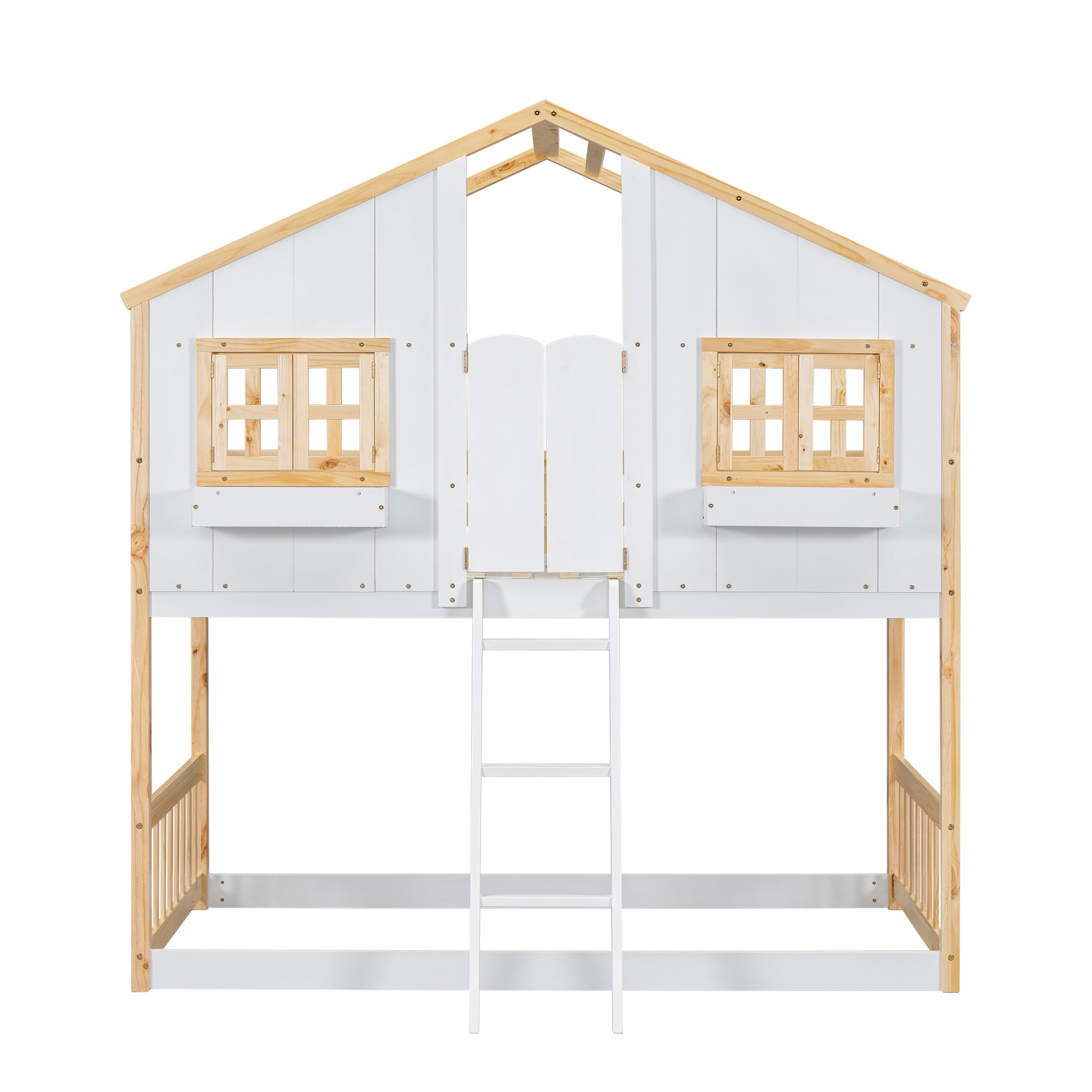 Twin Over Twin House Bunk Bed With Roofwindow, Window Box, Doorwith Safety Guardrails And Ladder, Natural White Twin Natural White Pine