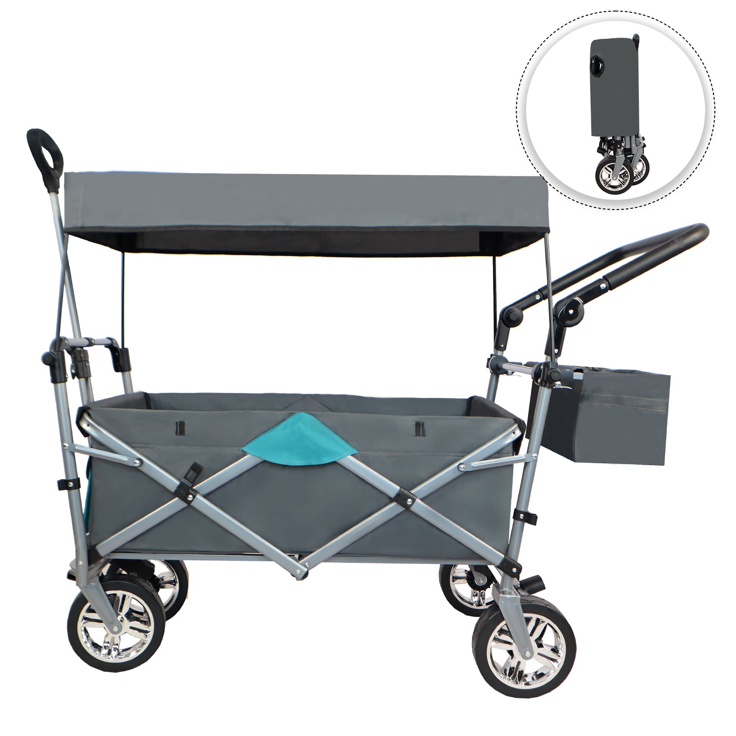 Push & Pull Utility Folding Wagon With Removable Canopy Gray Oxford Fabric Metal