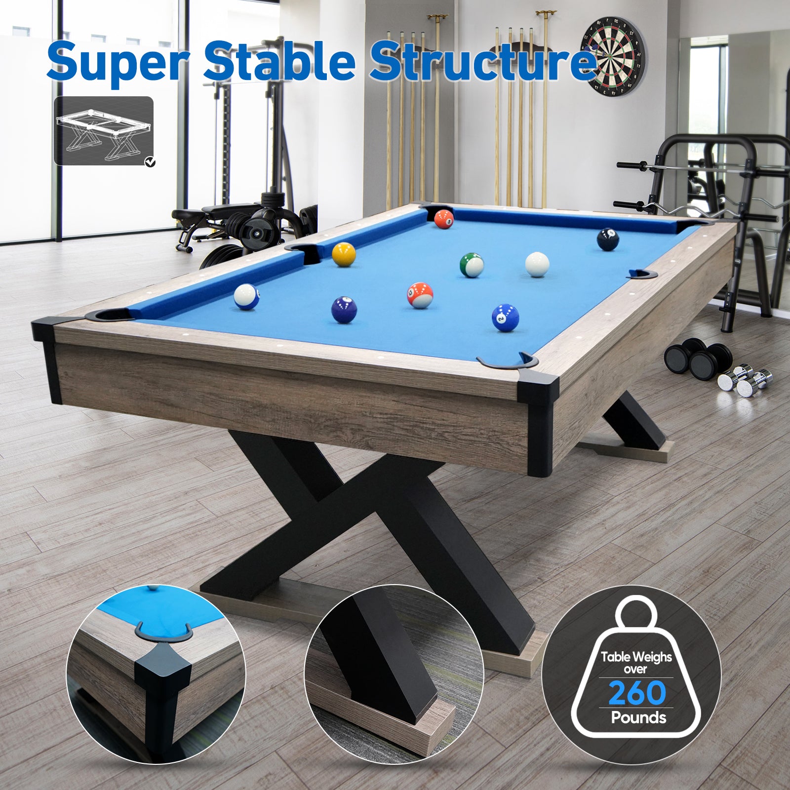 84"Billiard Table With Rustic Blond Finishk Shaped Legs And Royal Blue Cloth Indoor Fitness Blue Brown Gym Gym Mdf