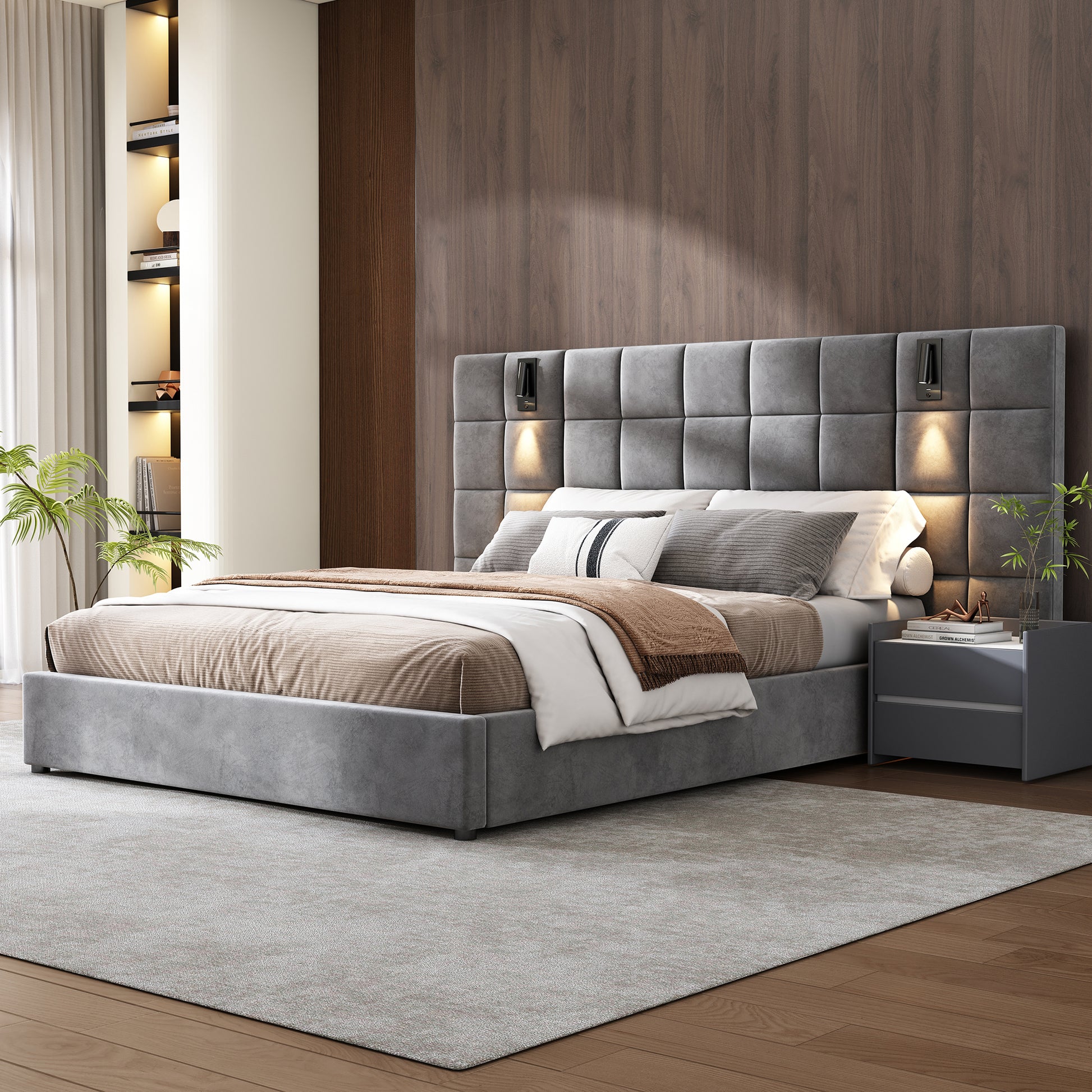 Upholstered Queen Bed,With Reading Lamp And Usb Port, Wide Headboard,Without Bedside Tables And Mattress, Velvet, Grey Queen Grey Wood Foam,Upholstered,Velvet