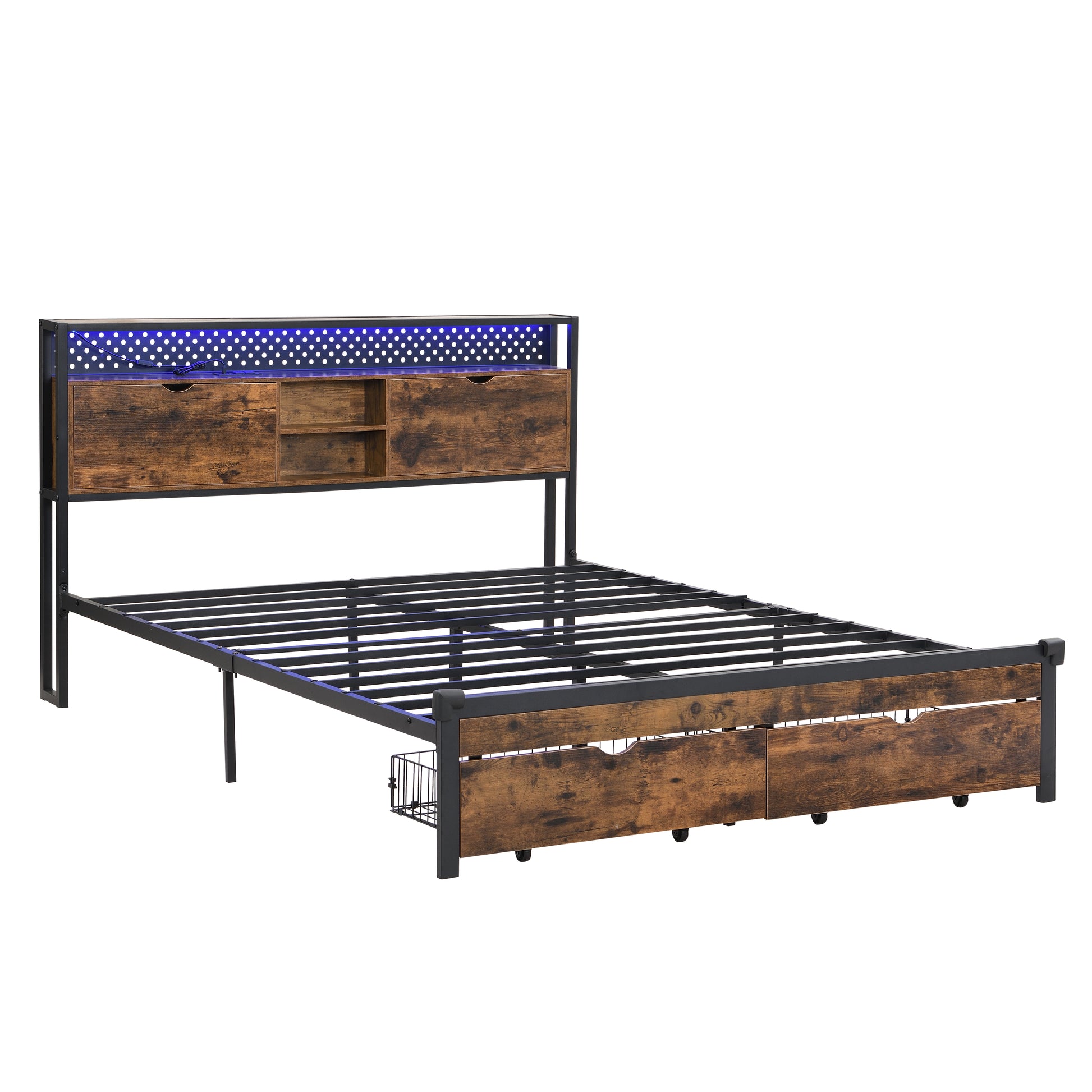 Full Size Metal Platform Bed Frame With Wooden Headboard And With Footboard Usb,Charging Station,2 Drawers,Storage, Led Lights, No Box Spring Needed, Easy Assemble Black Brown Mdf Metal