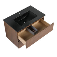 30" Wall Mounted Bathroom Vanity With Black Ceramic Sink, 2 Soft Close Drawers, Kd Package 2 Brown Oak Bathroom Wall Mounted Modern Plywood