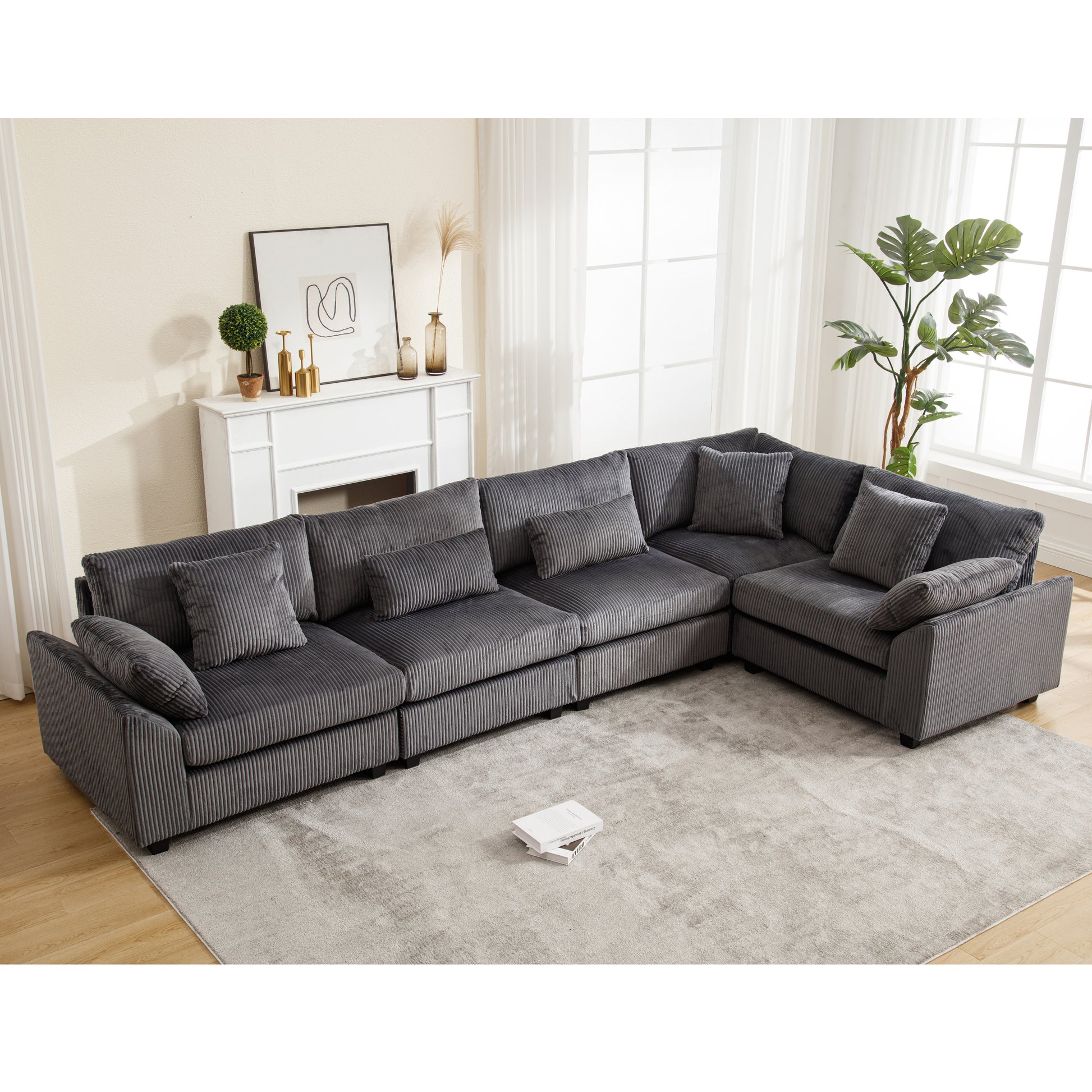 Arrival Oversized Modular Sectional Sofa Couches Set,Corduroy Upholstered Deep Seat Comfy Sofa For Living Room 5 Seat,Dark Gray Dark Gray Fabric 5 Seat