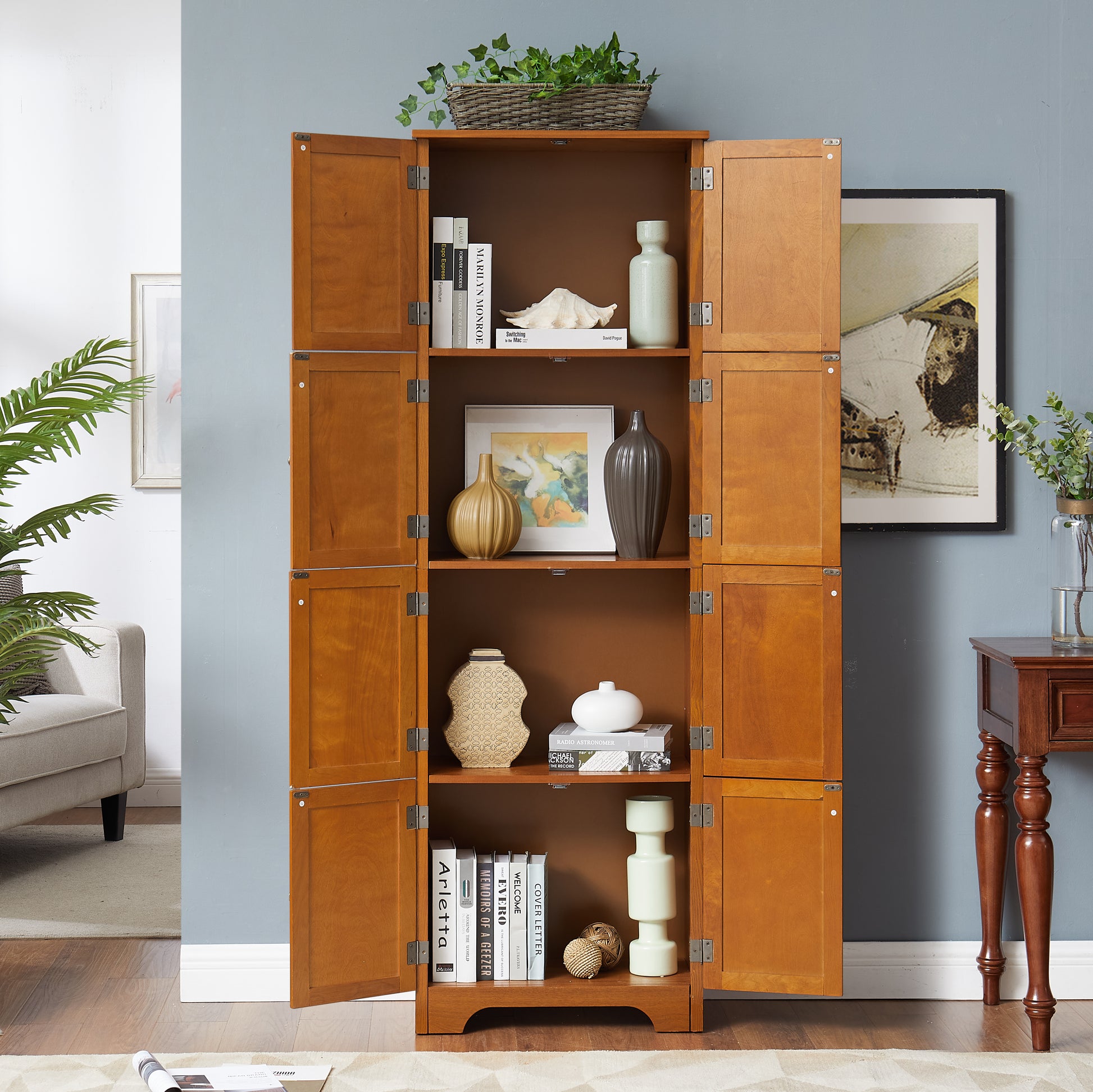 72.4" Tall Storage Cabinet Tall Storage Cabinet With 8 Doors And 4 Shelves ,Bookshelf Living Room, Kitchen, Dining Room, Office Freestanding Storage Cabinet,Oak Oak Mdf