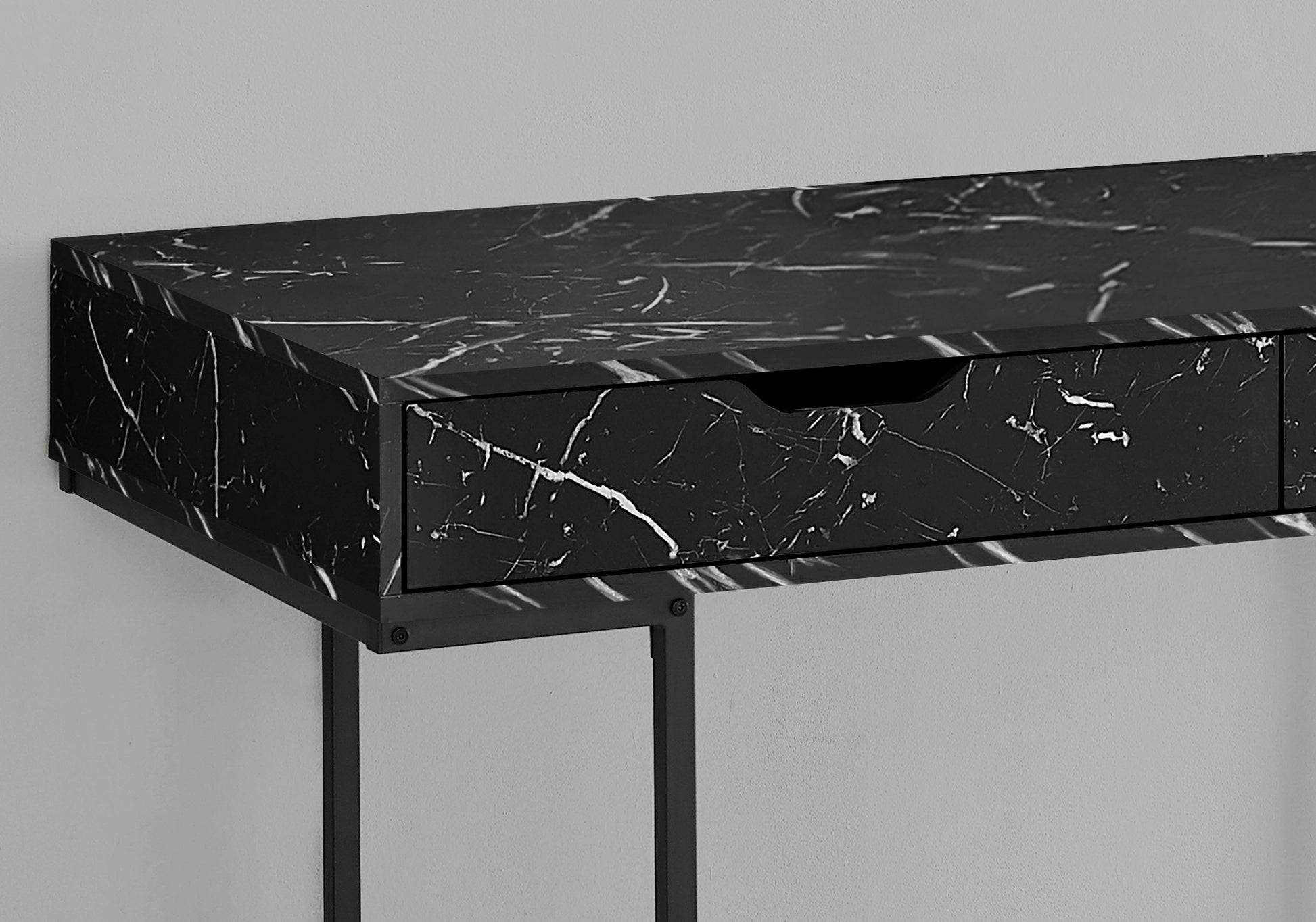 Computer Desk, Home Office, Laptop, Storage Drawers, 48"L, Work, Black Marble Look Laminate, Black Metal, Contemporary, Modern Black Particle Board