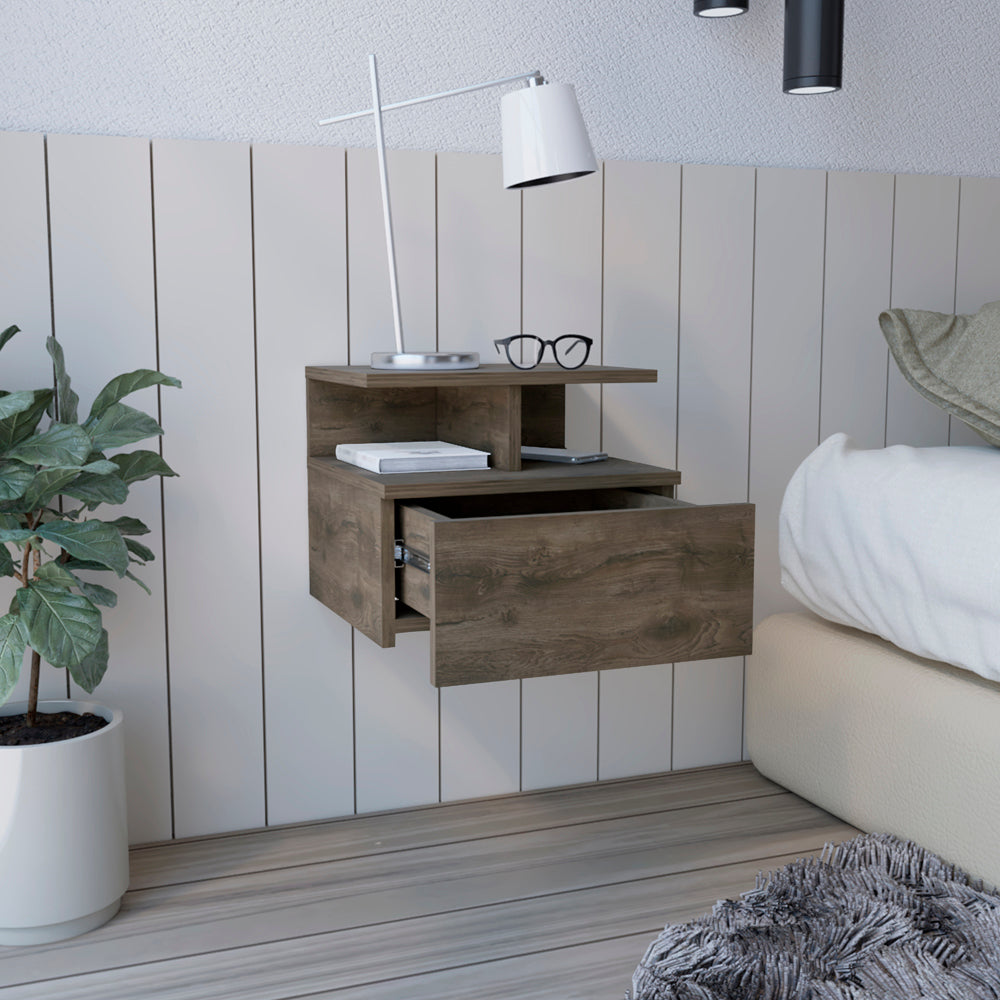 Adele Floating Nightstand With Drawer And Open Storage Shelves Brown 1 Drawer Bedroom Open Storage Modern Shelf Particle Board Engineered Wood