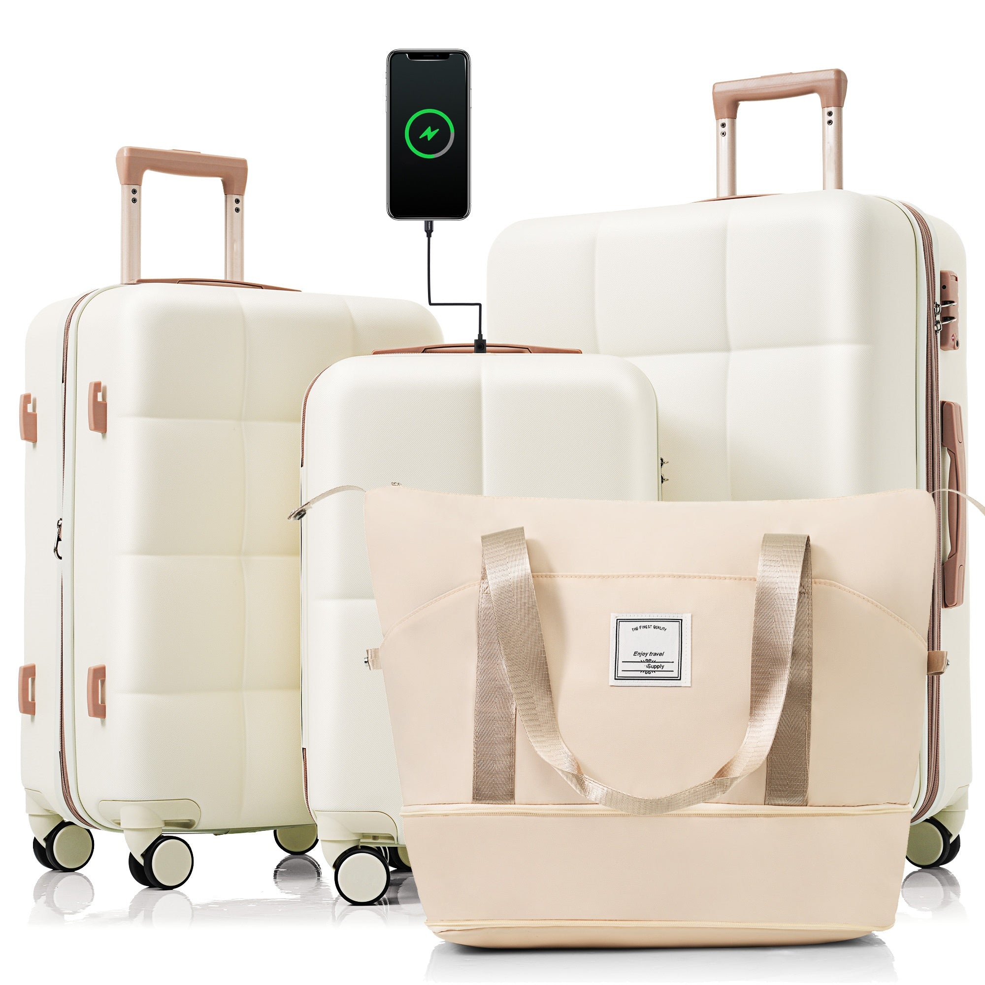 Luggage Sets 4 Piece, 20 Inch With Usb Port, Expandable Abs Durable Suitcase With Travel Bag, Cup Holder, Abs Hard Shell Luggage With Spinner Wheels, Beige Beige Gold Abs