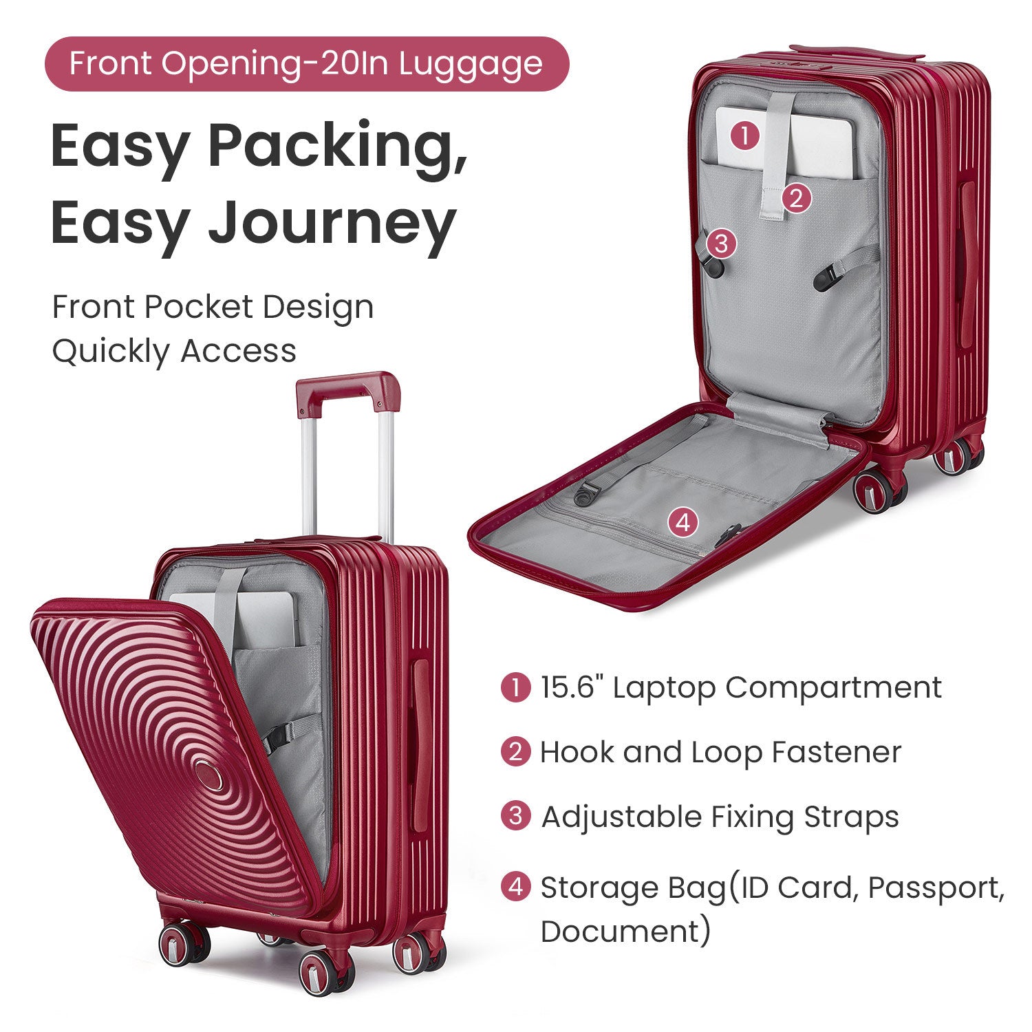 Luggage Sets 3 Piece 20 24 28 , Expandable Carry On Luggage With Tsa Lock Airline Approved, 100% Pc Hard Shell And Lightweight Suitcase With Front Pocket And Spinner Wheels Wine Red Pc