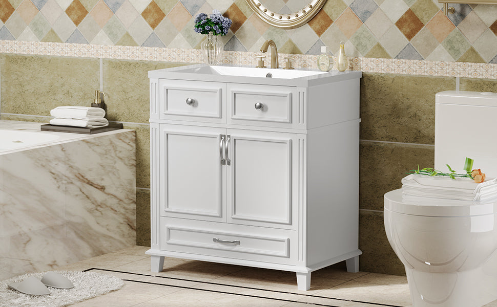 30'' Bathroom Vanity With Resin Sink, Solid Wood Frame Bathroom Storage Cabinet With Soft Closing Doors, Retro Style, White 1 White 2 Bathroom Freestanding Modern Solid Wood Mdf Resin Painted