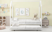 Full Size Metal House Bed With Fence, With Trundle, White Full White Metal