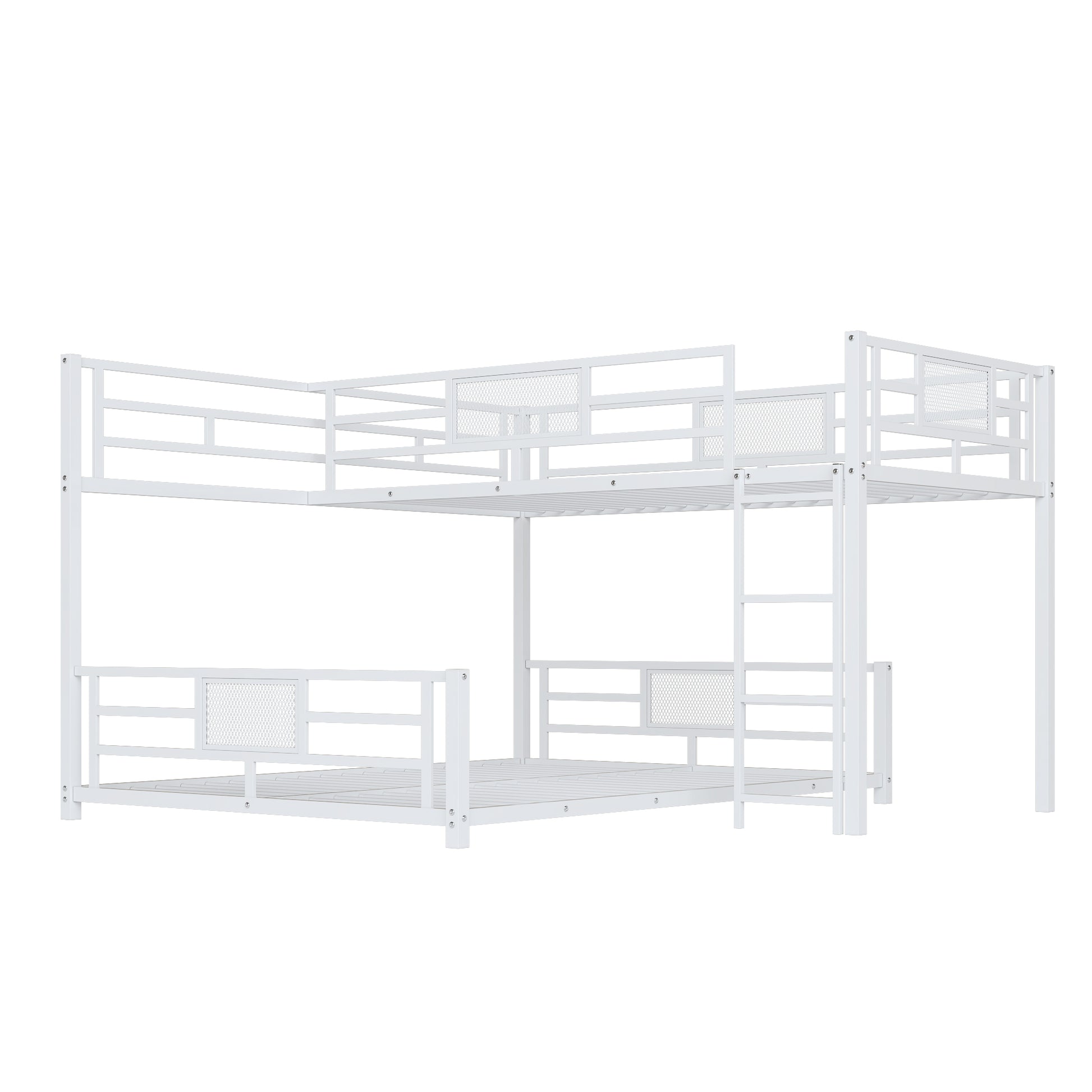 L Shaped Metal Twin Over Full Size Bunk Bed, White Box Spring Not Required White Metal Metal