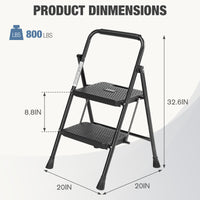 2 Non Slip Step Ladder, Quick Folding Steel Ladder Sturdy Metal Supported Household Tools For Home Office Work At Altitude, Portable Step Tools Black Abs Rubber Steel Q235