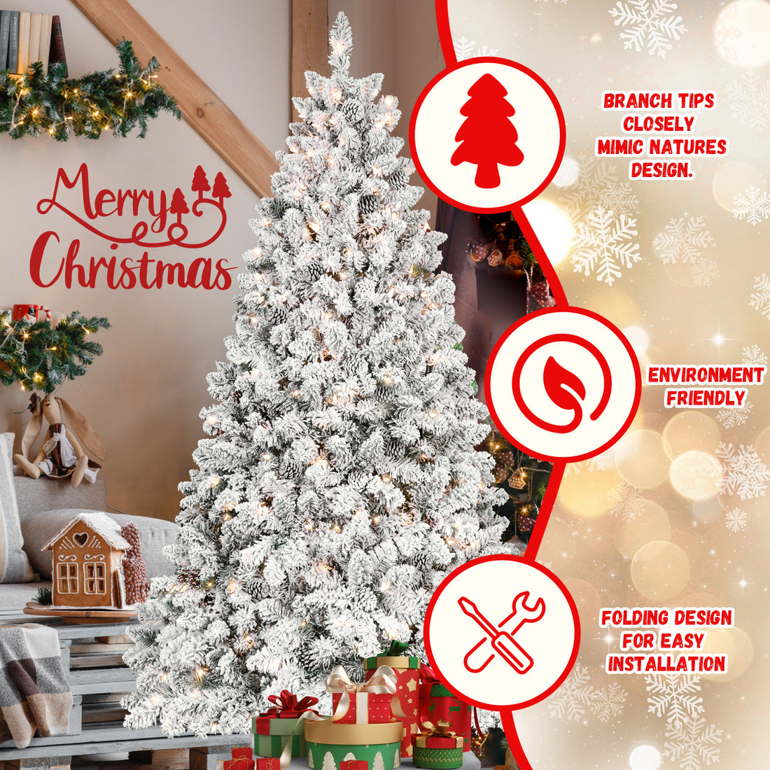 6Ft Snow Flocked Artificial Christmas Tree With Pine Cones, Prelit Xmas Trees, Hinged Easy Assembly & Reinforced Metal Base Ideal For Indoor & Outdoor Festive Decorations White Polyethylene